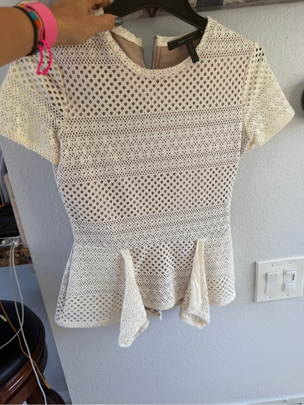 BCBGMaxAzria Ivory Crochet Peplum Short Sleeve Top